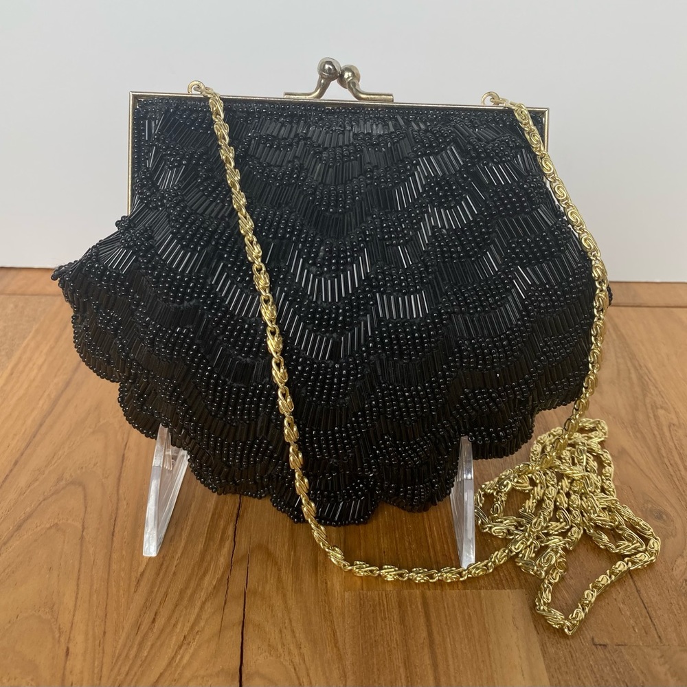 Shimmering Mid Century Black Beaded Crossbody and Clutch Handbag